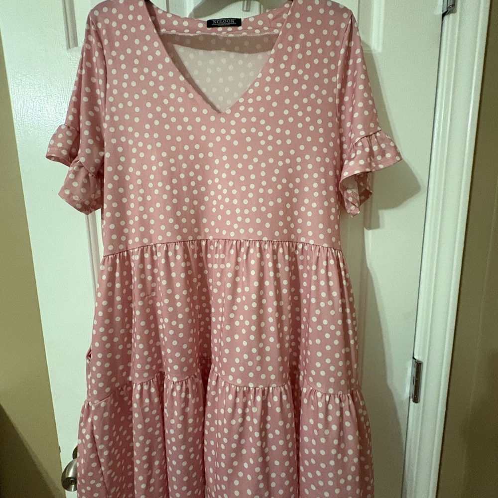 Elegant Pink Polka Dot Midi Dress, small,‎ pockets